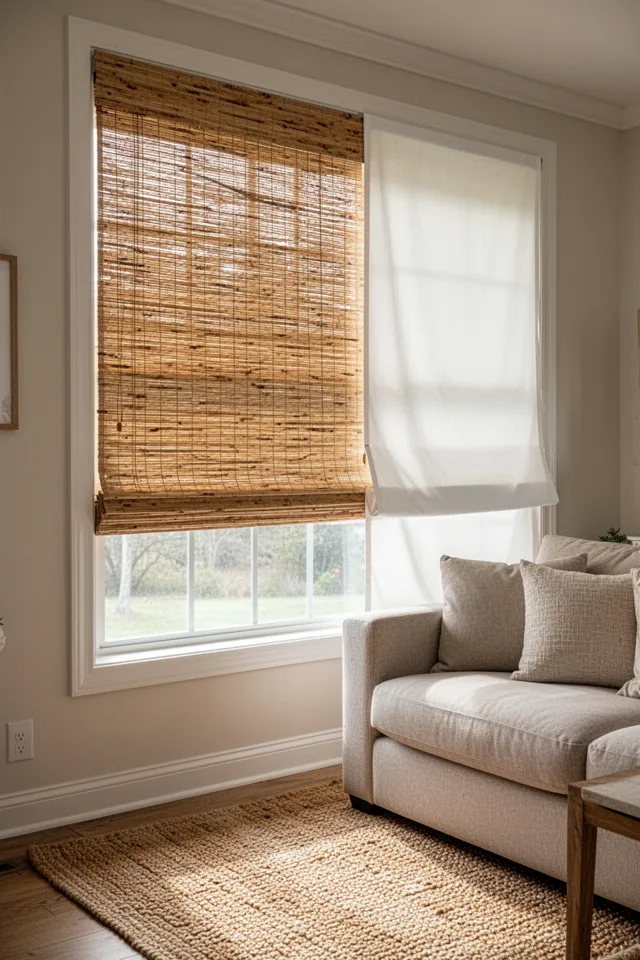 A living room window with a woven wood shade made of natural grasses and reeds. The shade has a white cotton fabric liner attached to the back, visible from the side. The shade is lowered completely, providing light filtering but not blackout. The room has a neutral sofa and jute rug. Soft morning light.