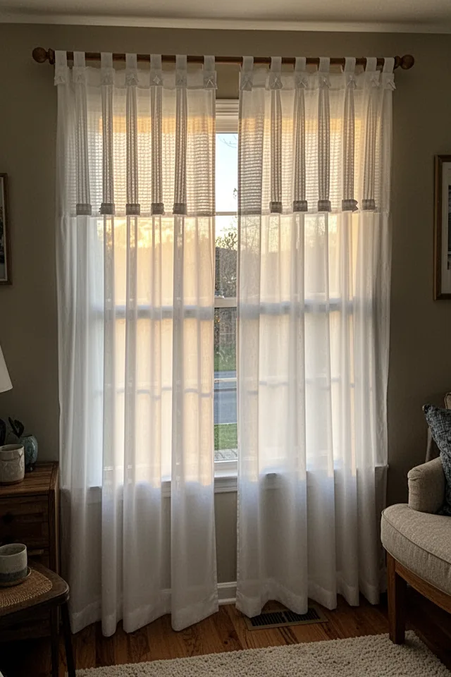 A living room window with sheer white panels that have a pleated top section and fabric tabs that loop over a wooden dowel rod. The pleats are tiny and uniform, like a tailored shirt. The tabs are spaced 4 inches apart. The sheers hang to the floor, soft and billowy. Late afternoon light.