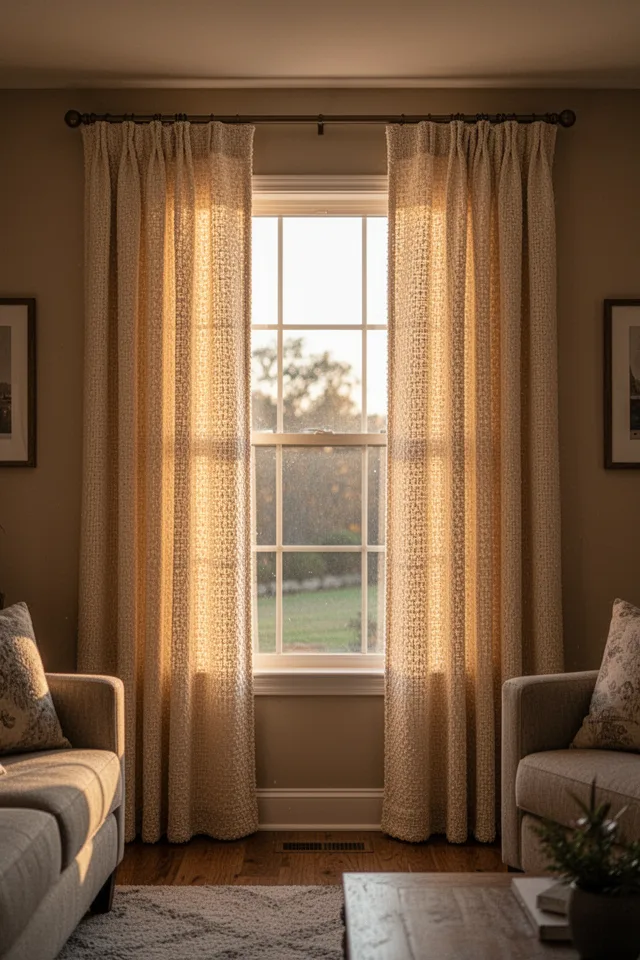 A living room window with two drapery panels that are purely decorative—they don