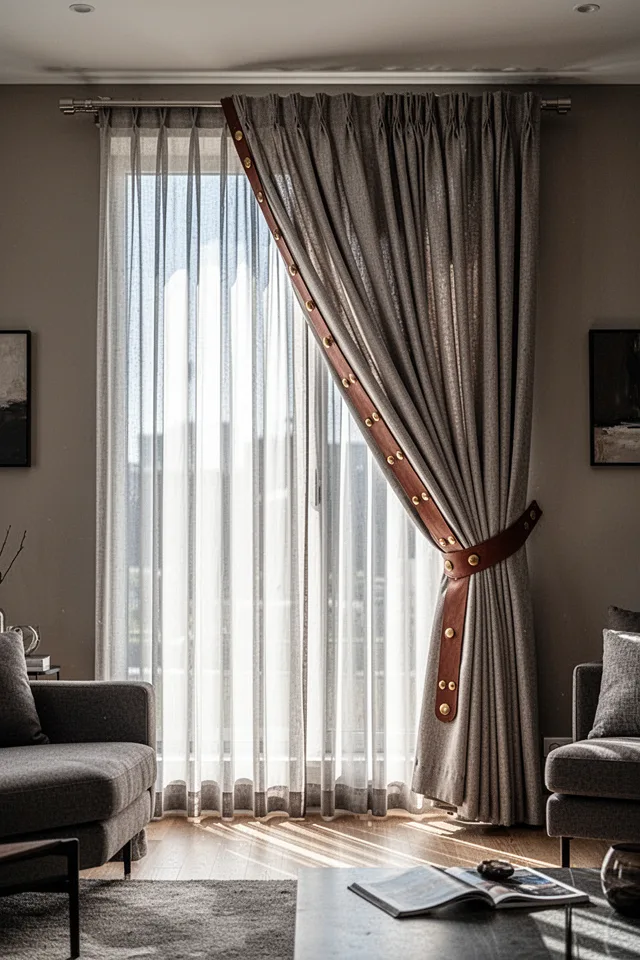 A living room window with two layers of curtains on a single rod: a sheer inner layer and a heavier outer layer. The outer layer is tied back with a wide leather strap with brass rivets, creating a dramatic diagonal drape. The inner sheer remains straight. Midday sun, modern masculine room.