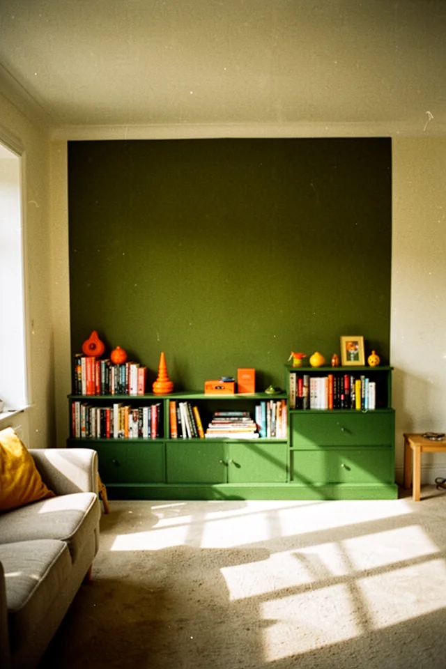 A living room with a deep olive green wall behind a low bookshelf that is painted the same green, so the wall and shelf merge. Books and small objects create pops of orange and yellow. The rest of the room is pale cream. Mid-afternoon sunlight casts long shadows. Slightly grainy film look. Warm, saturated, lived-in.