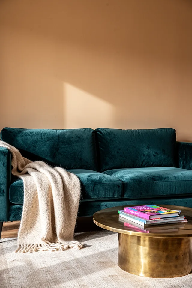 A living room with a deep teal velvet sofa against a warm beige wall. The sofa is the centerpiece—no competing patterns. A low brass coffee table, a cream wool throw, and a couple of colorful books on the table. Soft afternoon light, the velvet slightly sheened. The sofa color dominates without overwhelming.