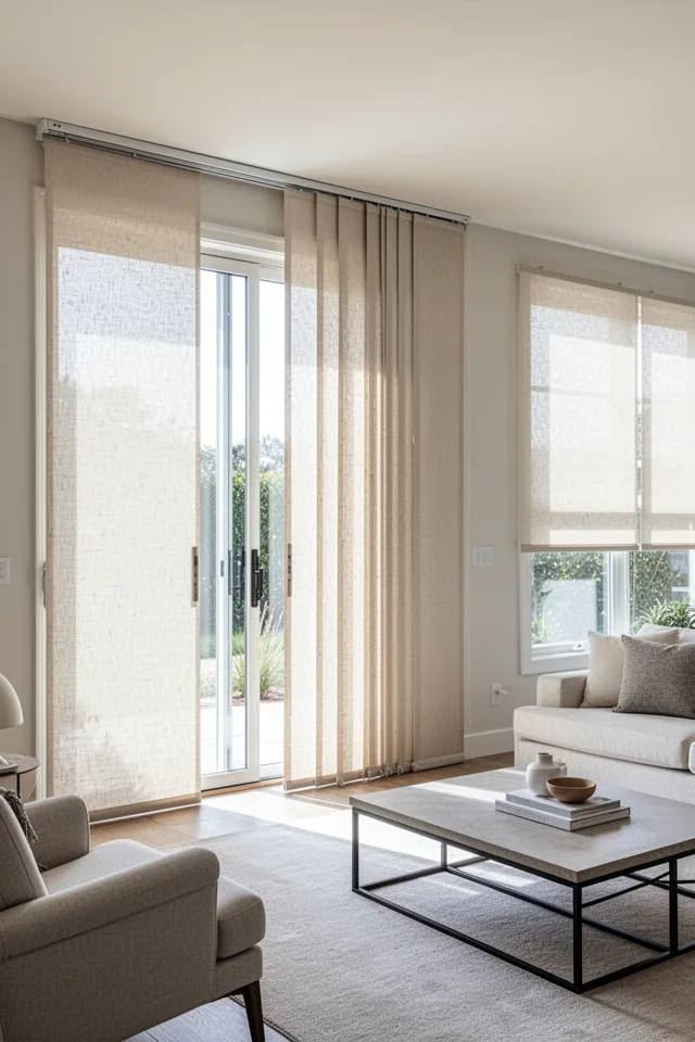 A living room with a sliding glass door and two wide windows. Panel track blinds in a natural linen fabric cover the entire wall. The panels slide on a ceiling-mounted track, stacking neatly to the side when open. The fabric panels are 30 inches wide each. Bright daylight, modern furniture.