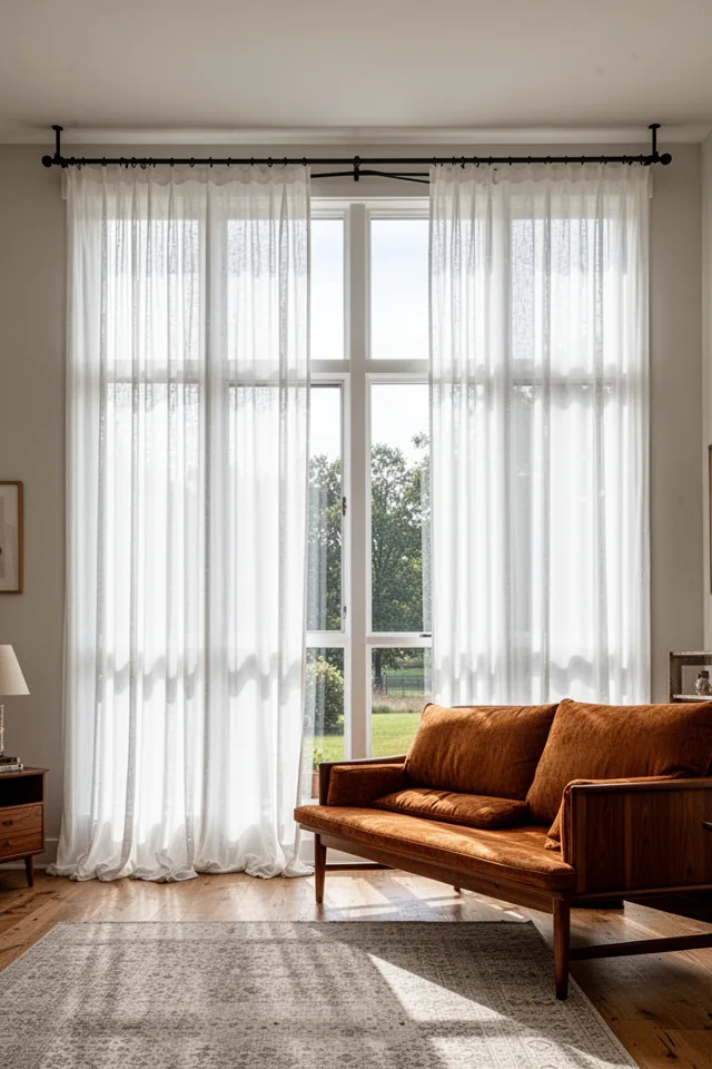 A living room with a wall of windows from floor to ceiling. A single heavy-duty curtain rod is mounted just below the ceiling, extending 12 inches past the windows on each side. White linen sheers hang full length, pooling slightly on the floor. The sheers diffuse harsh afternoon light. Mid-century sofa, warm wood tones.