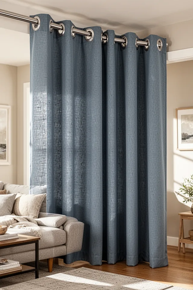 A living room with floor-length curtain panels hung from a sleek, thin metal rod (1-inch diameter brushed nickel). The panels have large silver grommets (2-inch rings) that slide smoothly over the rod. The fabric is a heavy-weight linen-cotton blend in a muted slate blue. The grommets create a rhythmic line across the top. Morning sun.