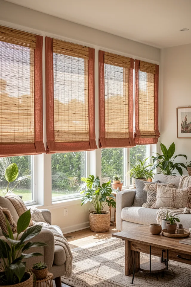 A living room with large windows covered by bamboo roll-up shades. Each shade has a 4-inch wide fabric border sewn onto the bottom and sides—a muted terracotta linen. The bamboo is natural, the fabric adds a soft edge. Midday sun, plants in the room, relaxed boho-modern vibe.