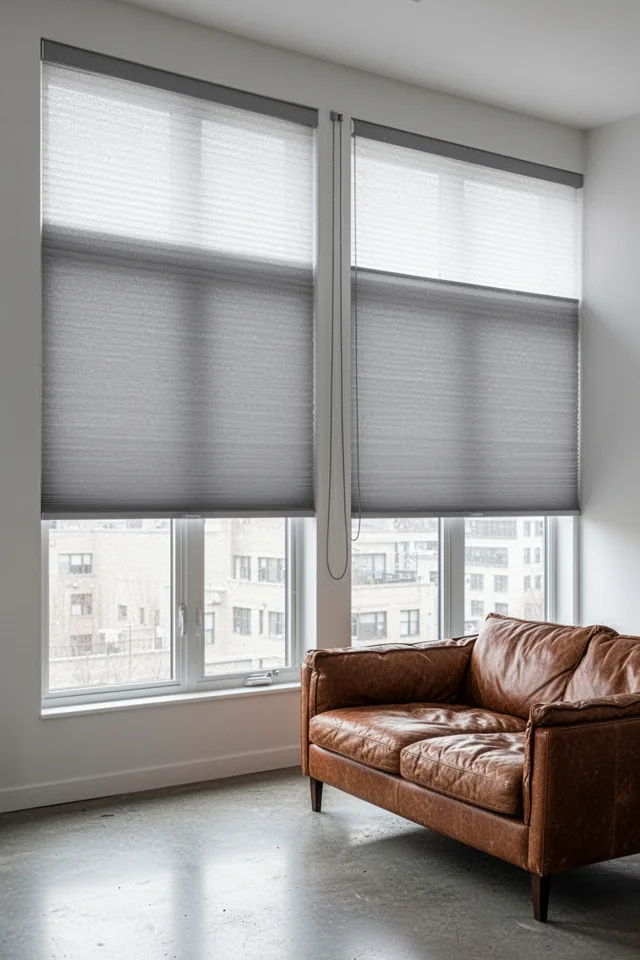 A living room with large windows fitted with top-down bottom-up cellular shades in a light gray. The shades are lowered from the top to let in light while maintaining privacy. A continuous cord loop hangs on the side, clean and child-safe. The room is minimal, with a leather sofa and concrete floors.