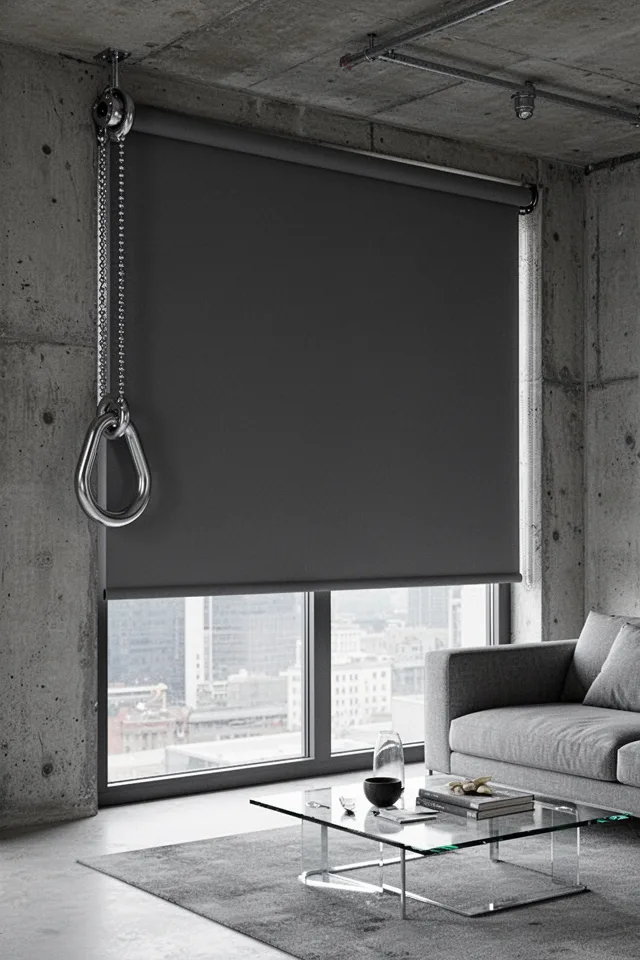 A living room with minimalist roller shades in a charcoal gray. The roller mechanism and chain are intentionally exposed—not hidden behind a valance. The chain is a thick, sculptural metal loop. The shade is lowered halfway, showing clean lines. Industrial-modern room with concrete and steel.