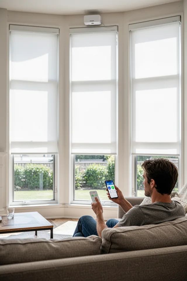 A living room with tall windows covered by sleek white roller shades. No cords, no chains, no visible hardware except a small motor housing. A person sits on a couch holding a smartphone, controlling the shades. The shades are halfway down, filtering light. Bright afternoon.