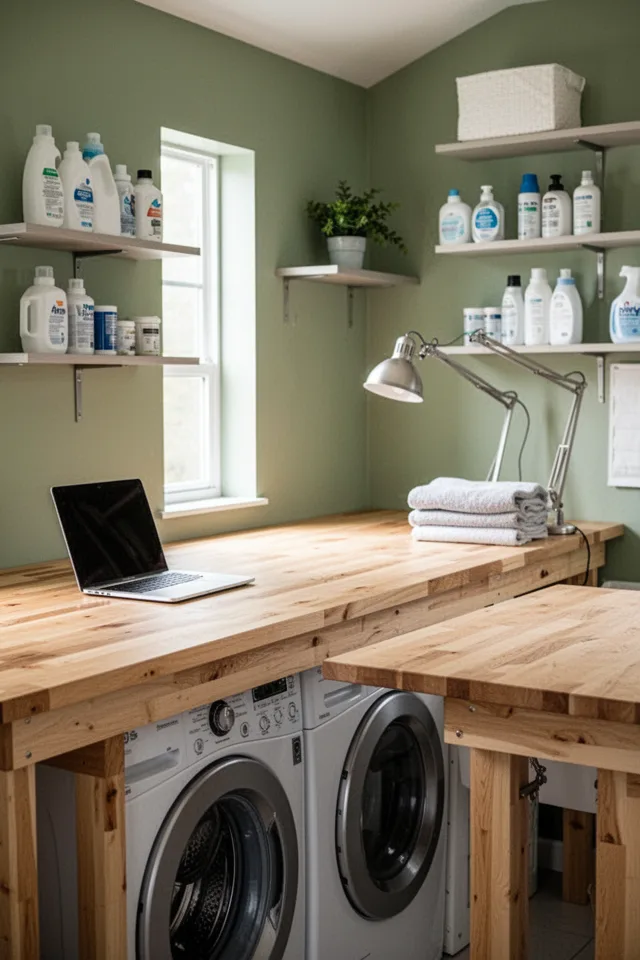 A long, clean butcher-block countertop at standing height (36 inches). It spans the width of the room, with the washer and dryer underneath. A laptop sits on one end, a folded pile of towels on the other. Above, a row of floating shelves holds laundry supplies and a small plant. The wall is painted a muted sage green. A task lamp with an articulated arm provides light over the desk area. The room has a large window behind the camera, casting soft, even light. Photographed from the side, showing the dual function.