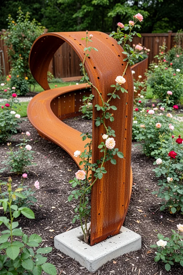 A long, curving ribbon of corten steel, about 8 inches wide and 6 feet tall, that snakes across a garden bed. The steel is pre-rusted to a rich orange-brown. Small holes are drilled along the top edge for vines to grip. The ribbon is anchored into a concrete footing, and a climbing rose has already begun to weave through the holes.