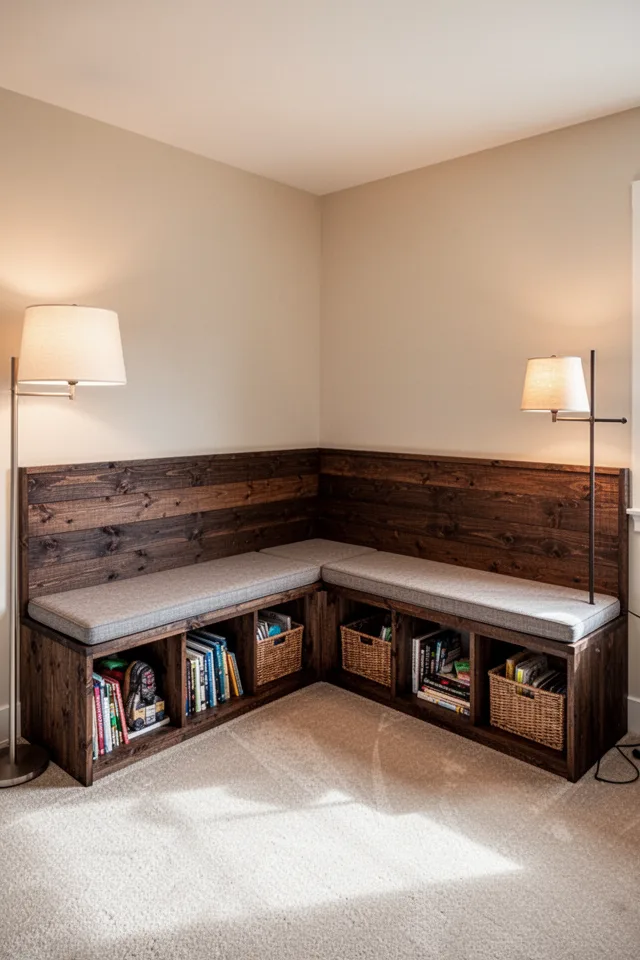 A long, low corner bench made from two-by-six lumber, stained dark walnut, with a cushion on top. The bench extends four feet along both walls, forming a large L-shaped corner seat. Underneath, open cubbies hold books and baskets. A floor lamp stands beside it. The corner feels like a separate zone. Warm, inviting, slightly Danish modern. Photo taken from the opposite side of the room, showing the bench as a structural element, not just a shelf.