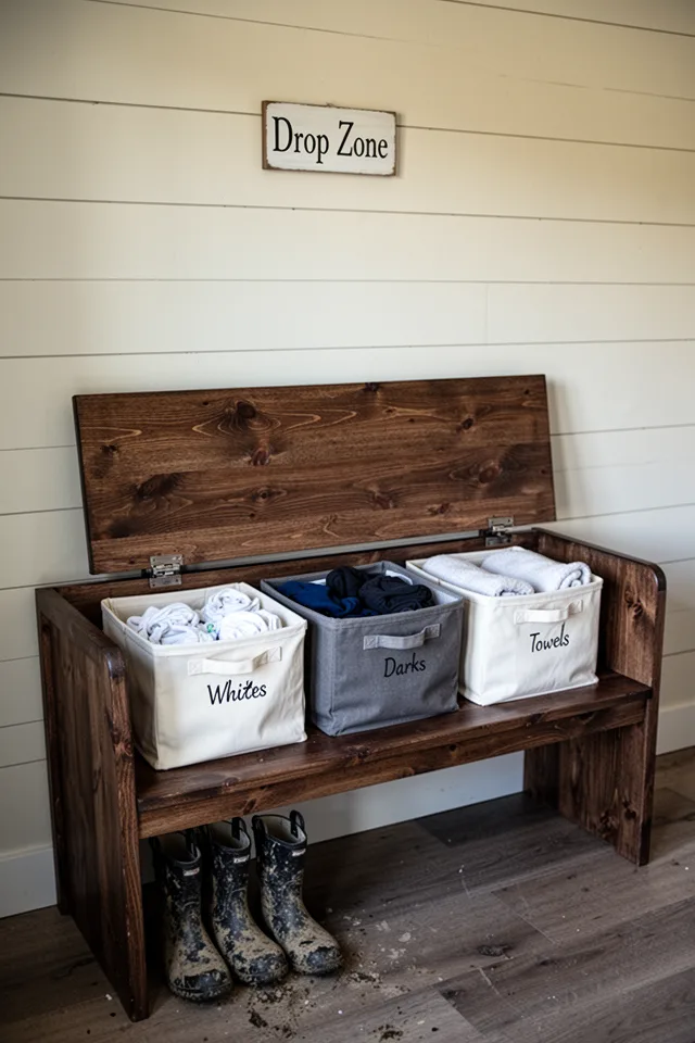 A long wooden bench with a hinged seat, built from solid pine with a dark stain. The seat lifts up to reveal three removable canvas bins inside — one for whites, one for darks, one for towels. The bench sits against a shiplap wall painted a warm off-white. A pair of muddy boots rest on the floor beneath. A small sign above reads "Drop Zone" in a casual serif. The light is cool morning light. The wood has visible grain but no gloss. Photographed at eye level, slightly wide angle, natural shadows.