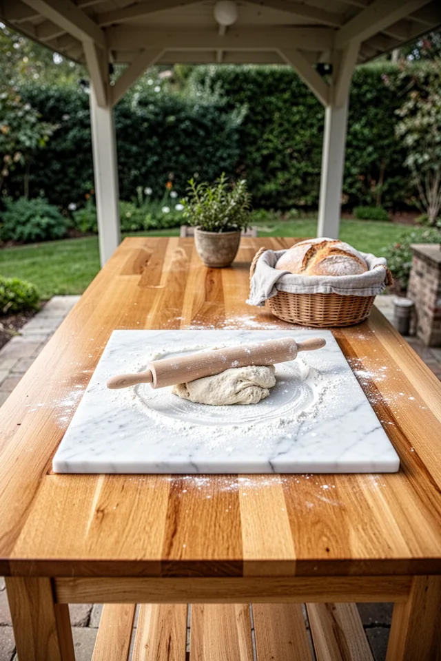 A long wooden worktable sits in the center of a covered patio. A slab of white marble about 2 feet by 3 feet is set into the tabletop, flush with the wood. On the marble, a rolling pin and a dusting of flour. Dough is being kneaded. The wood of the table is a light oak, oiled. A cloth-covered basket holds rising bread.