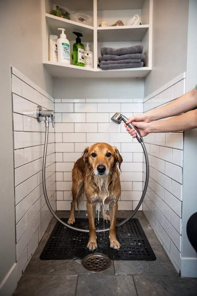 A low alcove with a floor drain, a handheld sprayer on a flexible hose, and a surround of white subway tile with dark grout. A small rubber mat sits on the floor. A dog stands calmly (or tolerantly) while a hand holds the sprayer. The tile extends halfway up the wall. Above, open shelving holds dog shampoo and towels. The lighting is bright but not harsh. The room smells like eucalyptus and damp ceramic. Photographed from a crouched position, slightly above dog level, with a 28mm lens.