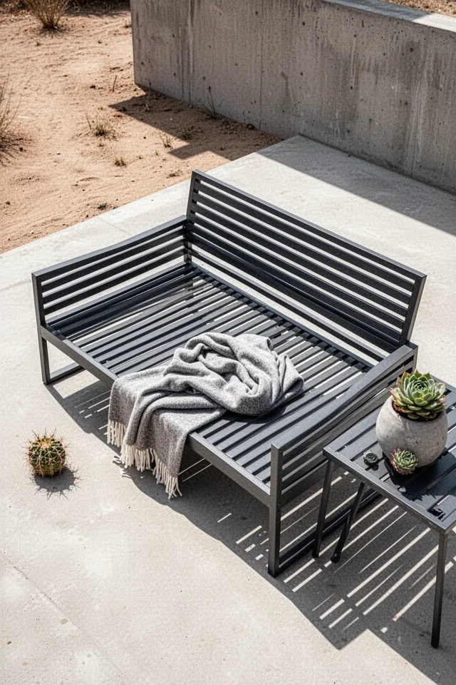 18 Cozy Patio Ideas To Enjoy This Summer A low-profile outdoor sofa made of powder-coated aluminum strapping in dark grey. No cushions. A throw blanket folded on the seat. One small succulent on a side table. Midday sun, slightly overexposed, dry heat feel. Shot from above, slightly angled. Minimal, almost brutalist.