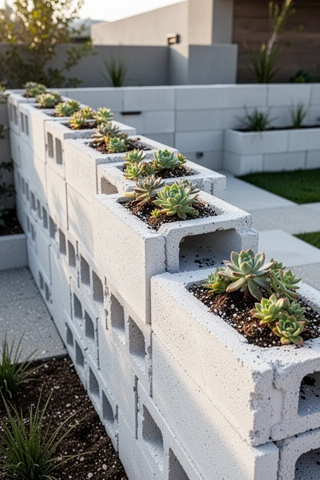 A low wall made of stacked cinder blocks, each hole filled with soil and planted with a succulent. The blocks are painted white. Morning light, modern minimalist garden.