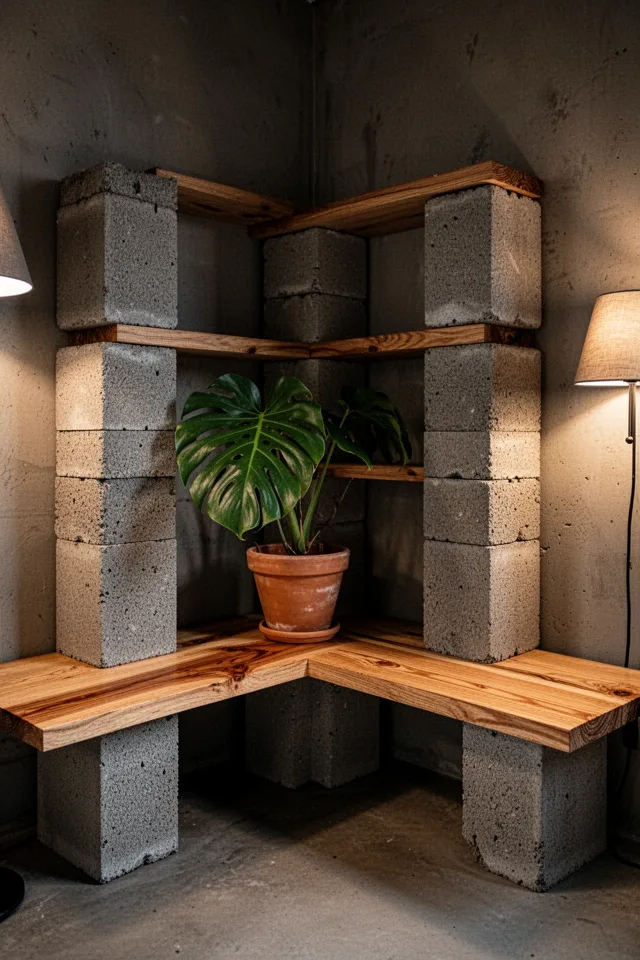 A low, wide corner bookshelf made of stacked concrete blocks and thick pine planks. The blocks are untreated, slightly rough. The planks are oiled, not stained. A single large monstera in a terra-cotta pot sits on the bottom shelf. The corner is dimly lit, warm light from a nearby lamp. Slightly industrial, calm. Photo taken at eye level, showing texture of concrete and wood grain. No stylist tricks, just honest materials.
