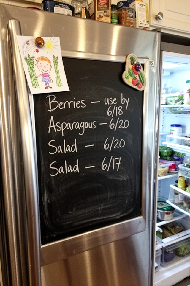 A magnetic chalkboard panel on the front of a stainless steel refrigerator, with handwritten columns: "Berries – use by 6/18, Asparagus – 6/20, Salad – 6/17." A child
