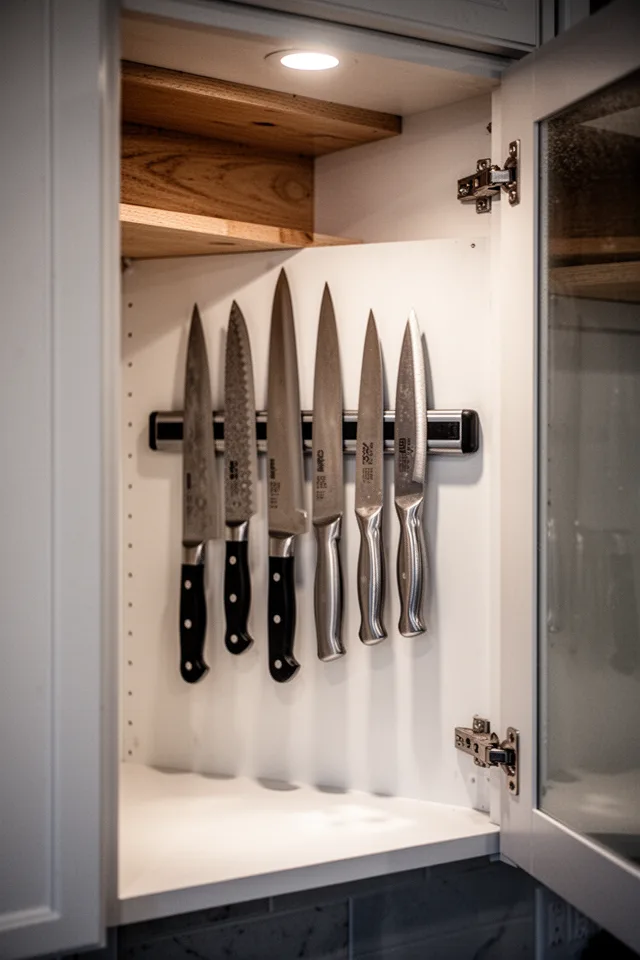 A magnetic knife strip mounted on the inside of a narrow cabinet door. Knives of various sizes are attached, handles dangling. The cabinet interior is painted white, wood shelves visible above. Soft overhead light casts gentle shadows. No people. Realistic kitchen detail shot, slightly underexposed to show metal reflections.