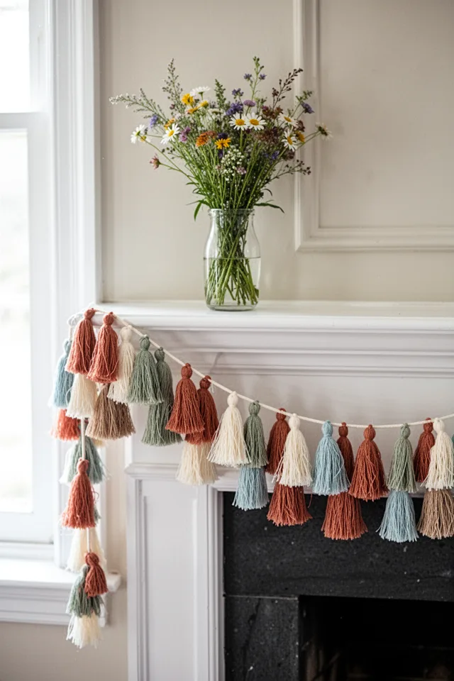A mantelpiece draped with a garland made of small fabric tassels in muted summer colors—terracotta, sage, cream, and pale blue. The tassels are attached to a cotton cord at two-inch intervals. A vase of wildflowers sits on the mantel. Soft, even light from a window.