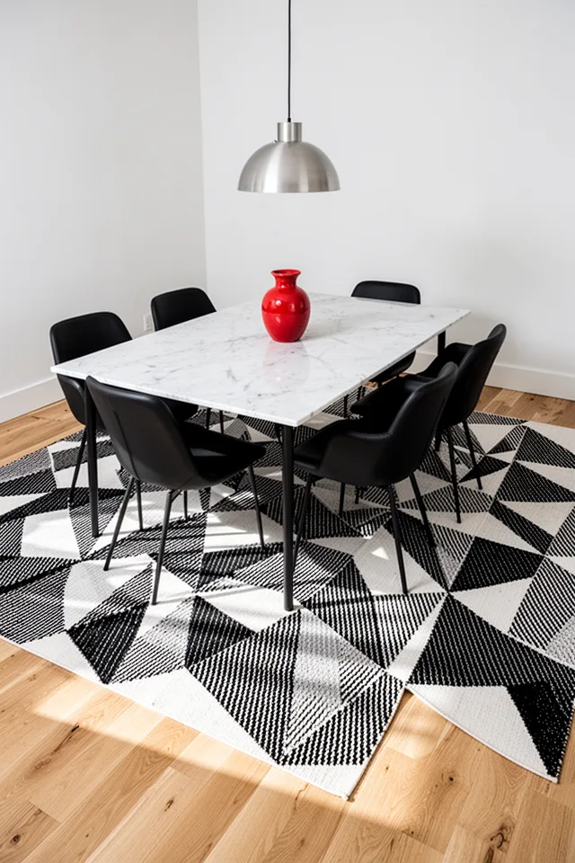 A modern dining room with a white marble table and black upholstered chairs. The floor is light oak. On it, a large flatweave rug in a striking black-and-white geometric pattern — large diamonds with thin diagonal lines. The rug is visibly thin, almost like a canvas. Strong overhead pendant light creates sharp shadows on the pattern. There is a single red ceramic vase on the table for contrast. The rug extends well beyond the table, about three feet on each side. No fringe. The room feels crisp and deliberate.