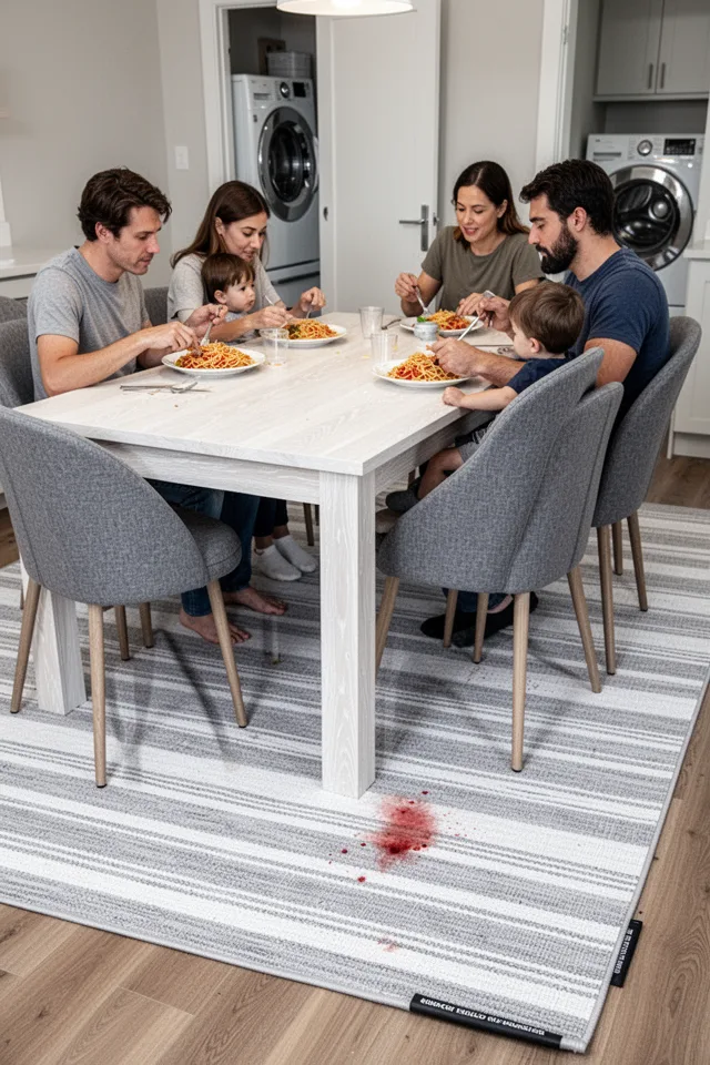 A modern dining room with a white oak table and gray upholstered chairs. Underneath, a washable flatweave rug in a subtle striped pattern — soft gray and white. The rug has a thin rubber backing visible at the edges. A family is seated, eating pasta. The rug looks clean, but there is a small red stain near the table leg. The room is practical, not precious. A washing machine is visible in the background door. The mood is realistic, functional, intentionally messy.