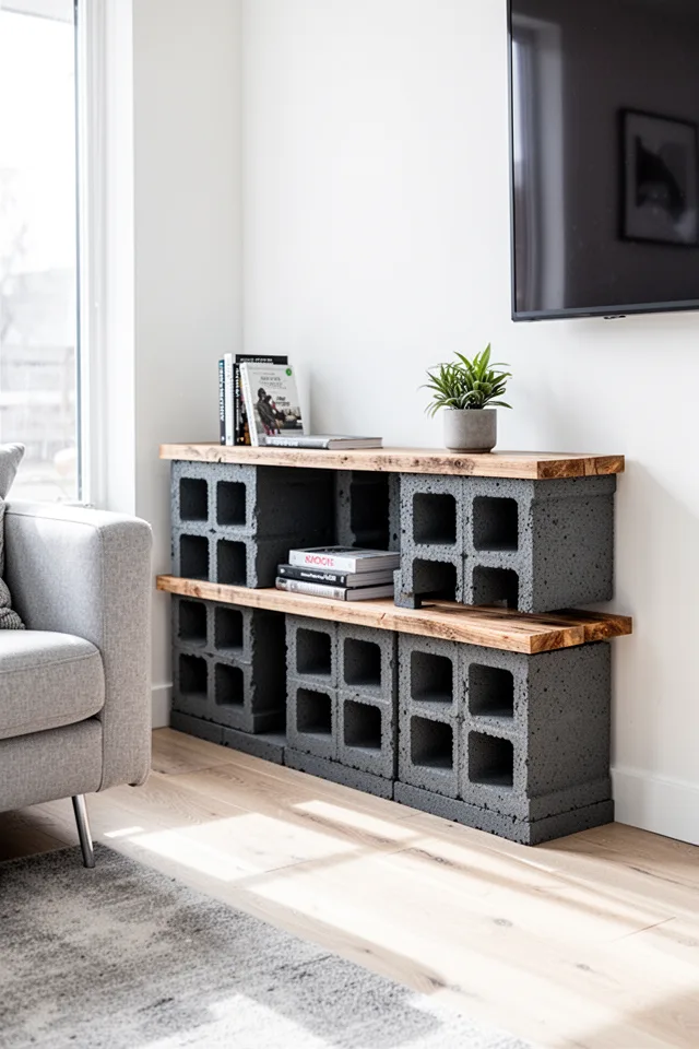 A modern living room with a shelf made from stacked cinder blocks (two blocks high, three blocks wide) with wooden planks resting in the holes. The cinder blocks are painted charcoal gray. The shelf holds a few books and a small plant. Bright daylight, minimalist decor.