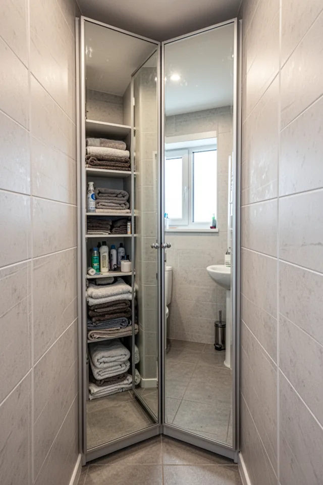 A narrow corner in a bathroom, with a tall, mirrored cabinet fitted floor-to-ceiling. The cabinet doors are mirrored, reflecting the opposite wall. Inside are stacked towels and toiletries. The corner space was previously wasted. The mirror makes the small bathroom seem larger. Photo taken straight on, showing the mirror doors covering the entire corner, reflecting a window.