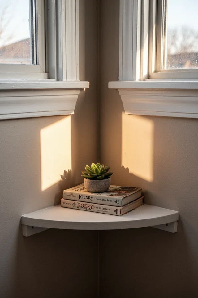 A narrow corner shelf installed just below a window sill, wrapping the corner. The shelf is painted the same white as the trim, blending in. A small succulent and a stack of poetry books sit on it. Late afternoon sunlight falls across the white shelf, creating a warm rectangle of light on the wall. Minimal, almost invisible. Photo taken straight on, showing how the shelf extends from the window sill along both walls, disappearing into the corner.