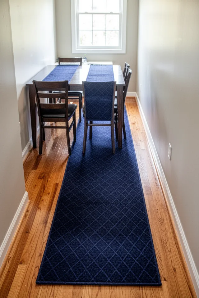 A narrow dining room with a rectangular table pushed against one wall. Instead of a rug under the table, a long runner — about 3 feet wide and 10 feet long — runs parallel to the table, placed between the table edge and the opposite wall. The runner is a deep indigo with a subtle diamond pattern, made of low-pile wool. Two chairs on the far side of the table sit with their back legs on the runner. The near side chairs are on bare hardwood. Morning light from a window at the end of the room highlights the texture. The runner creates a visual pathway rather than a dining zone.