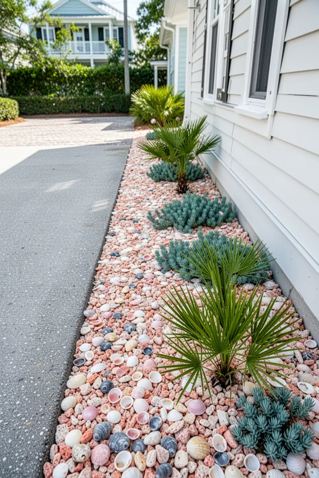 A narrow strip between a driveway and a house, filled with crushed coral and mixed seashells in shades of pink, cream, and gray. Blue-green sedums and a small palm (sabal minor) grow from the shell bed. Coastal cottage style, bright sun.