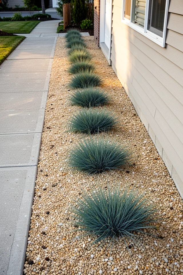 A narrow strip between a sidewalk and a house (3 feet wide). The entire strip is covered in pea gravel, with a repeating pattern of clumps of blue fescue grass every 4 feet. The grass is blue-green, the gravel pale gold. Afternoon sun.
