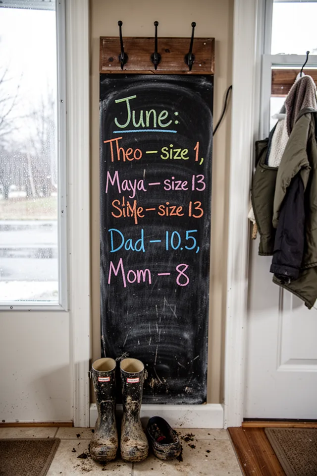 A narrow vertical chalkboard mounted beside a coat rack in a family entryway. Handwritten in different colors: "June: Theo – size 1, Maya – size 13, Dad – 10.5, Mom – 8." A pair of muddy rain boots are on the floor below. Overcast light from a window. Slight wear marks on the chalkboard surface.