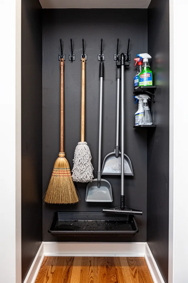 A narrow wall section (about 2 feet wide) fitted with a series of vertical clips and hooks. A broom, a mop, a dustpan, and a long-handled squeegee hang in neat rows. Below them, a shallow tray catches drips. The wall is painted a dark charcoal, which creates a visual backdrop that makes the handles pop. A small wall-mounted shelf holds cleaning sprays. The floor is wood. The hooks are matte black metal. The whole arrangement looks intentional, not like a janitor