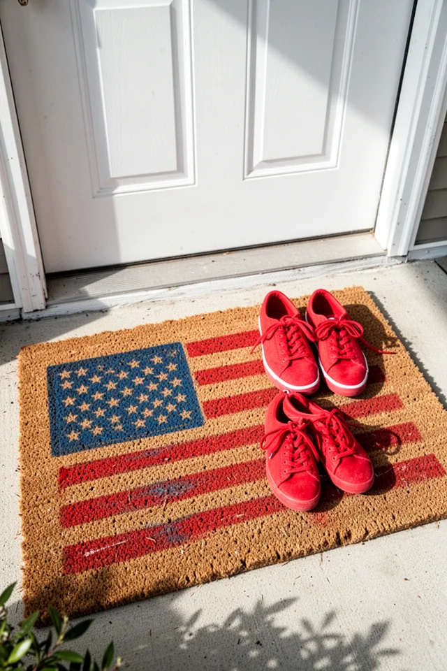 A natural coir door mat on a porch, stenciled with a simple American flag design in red and blue paint. The mat is textured, the paint slightly worn from footsteps. A pair of red sneakers sits on the mat. Midday sun, white door behind.
