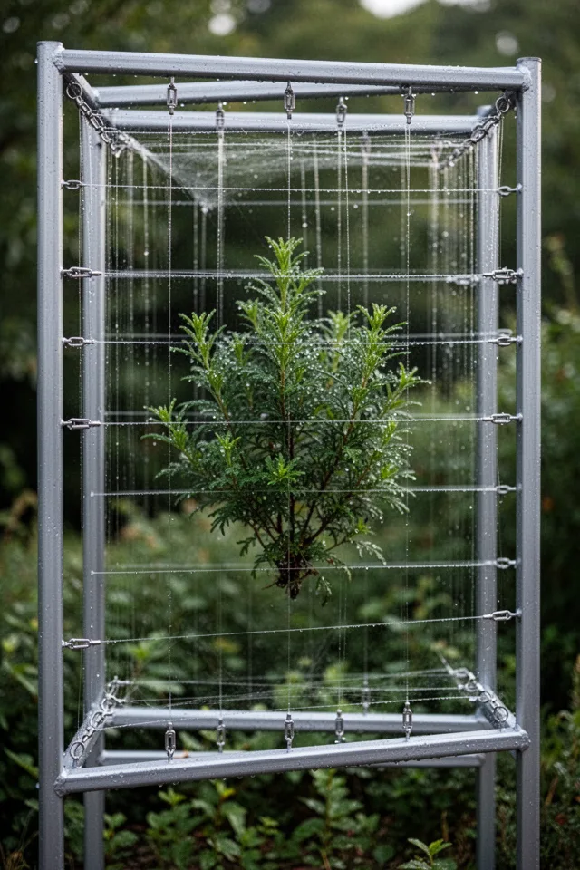 A nearly invisible grid of clear monofilament fishing line stretched across a powder-coated steel frame. The lines are tensioned with small turnbuckles at each anchor point. From a distance, the plant appears to float in midair. Up close, the thin line catches dew and glints like spider silk.