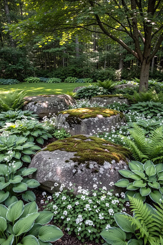 A north-facing front yard with large flat rocks partially buried among hostas, foamflowers, and ferns. The rocks are mossy on top. Dappled light from a nearby tree. Lush green, woodland feel.