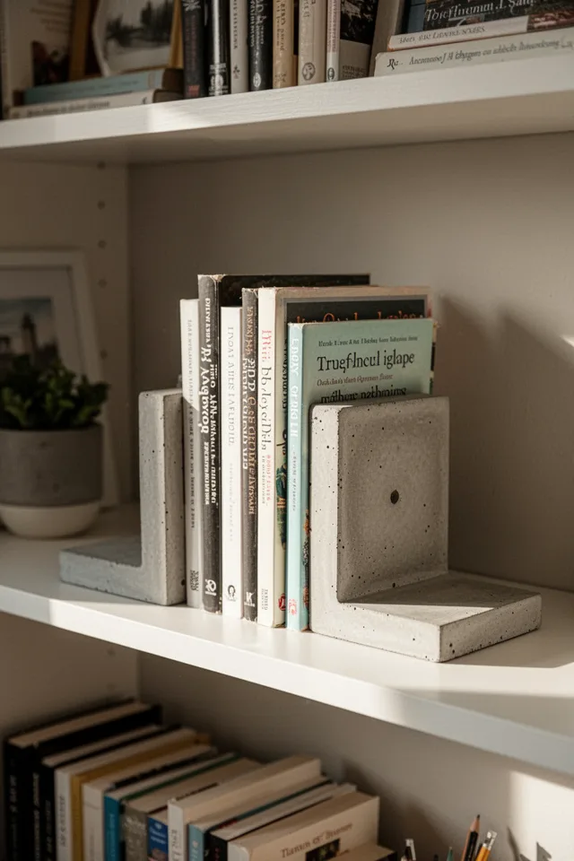A pair of concrete bookends shaped like simple L-brackets (6 inches tall, 4 inches wide at the base). They hold up a row of books on a shelf. The concrete is smooth and pale. Morning light, home office setting.