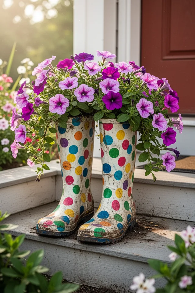 A pair of old rain boots painted with bright polka dots, each boot planted with cascading petunias. The boots sit on a porch step. Morning light, cheerful garden entrance.