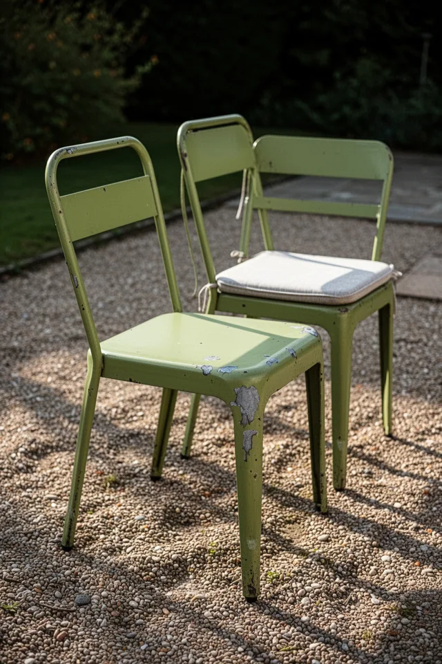18 Cozy Patio Ideas To Enjoy This Summer A pair of powder-coated steel chairs in a faded moss green, sitting on a gravel patio. The surface has a few small chips exposing grey primer. One chair has a thin cushion. Afternoon light, long shadows. The chairs look sturdy, slightly rustic. Shot from the side, showing the simple lines.