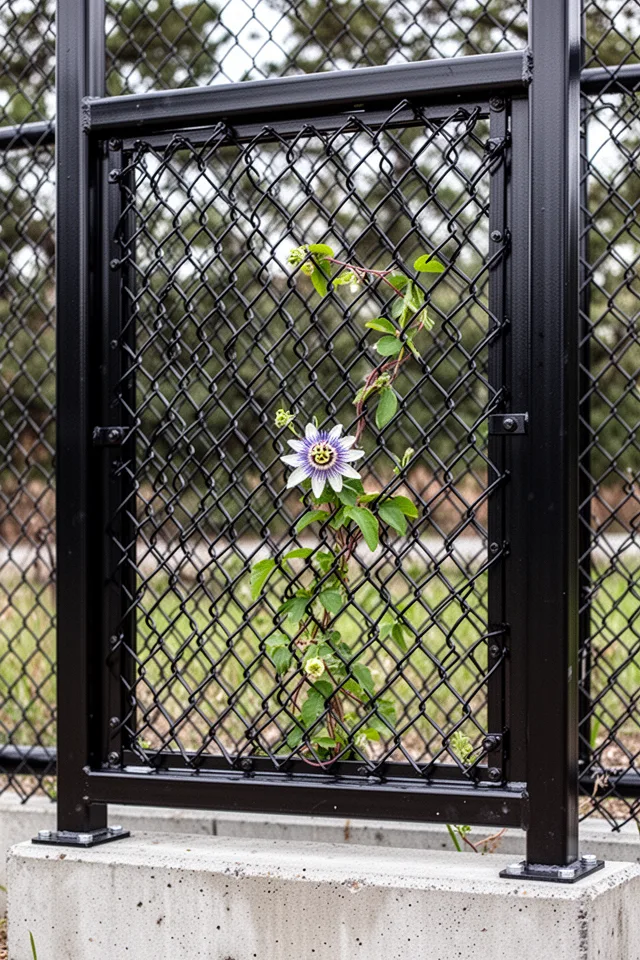 A panel of heavy-gauge chain link fence—the kind used for dog kennels—mounted inside a thick black steel frame. The chain link is stretched tight, and the diamond pattern is large (2-inch openings). The entire panel is set on a low concrete base, and a passionflower vine twists through the diamond openings. The industrial-ness of the material contrasts with the delicate flower.