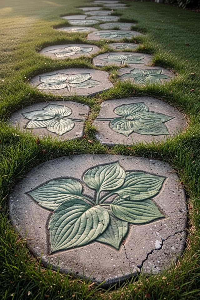 A path of irregular concrete stepping stones across a lawn. Each stone is roughly 18 inches across, with the impression of a giant hosta leaf pressed into the surface. The concrete is a warm grey, with slight cracking at one edge. The grass grows right up to the stones. Early morning light highlights the leaf veins in the indentations.