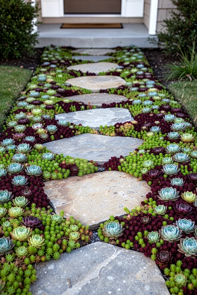 A path of irregular flagstone stepping stones in a small front yard. Between the stones, a dense mat of low-growing sedums and sempervivums in shades of green, burgundy, and blue. Morning light, no grass visible.