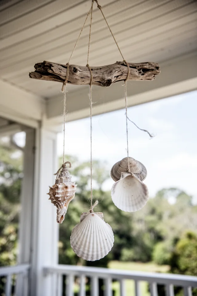 A piece of driftwood hanging from a porch ceiling by three pieces of fishing line. From the driftwood, more fishing lines descend, each tied to a different seashell—a whelk, scallop, and clam. The shells are bleached white by the sun. Soft breeze, shallow depth of field.