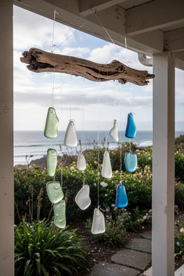A piece of driftwood hanging horizontally from a porch beam, with strands of fishing line descending to pieces of frosted sea glass. The glass is pale green, white, and blue. Dappled light, coastal garden setting.