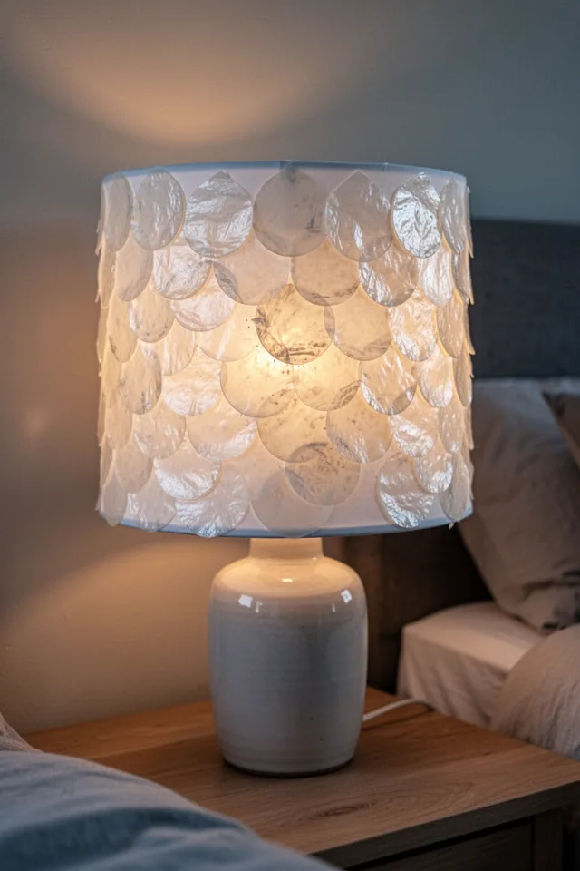 16 Capiz Shell Decor Ideas For A Dreamy Coastal Summer A plain white drum lampshade covered with overlapping capiz shell discs glued in a fish-scale pattern. The lamp is on, casting warm, diffused light through the shells. The base is simple ceramic. Bedroom setting, soft evening light.