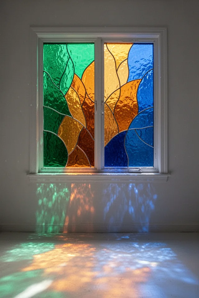 A plain window fitted with a stained-glass-style film in emerald, amber, and sapphire. The light passing through casts colored shadows onto a white wall and floor. The rest of the room is simple—no competing colors nearby. The effect is like a permanent sunset.