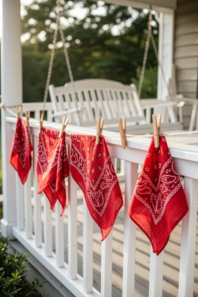 A porch railing with red bandanas folded into triangles and clipped to a clothesline with wooden clothespins. The bandanas are slightly faded from sun, giving them a soft, worn look. A white porch swing is visible behind. Late morning light.