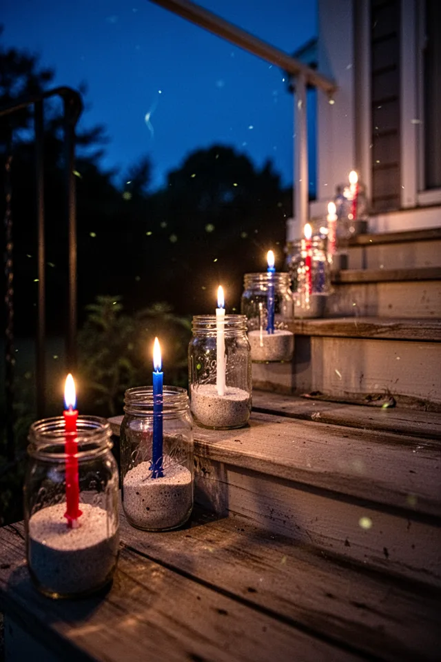 A porch step at dusk lined with mason jars, each containing a red, white, or blue birthday candle stuck into a sand-filled base. The candles are lit, creating small warm flames. Firefly-like atmosphere, dark blue sky in background, soft glow on wooden steps.